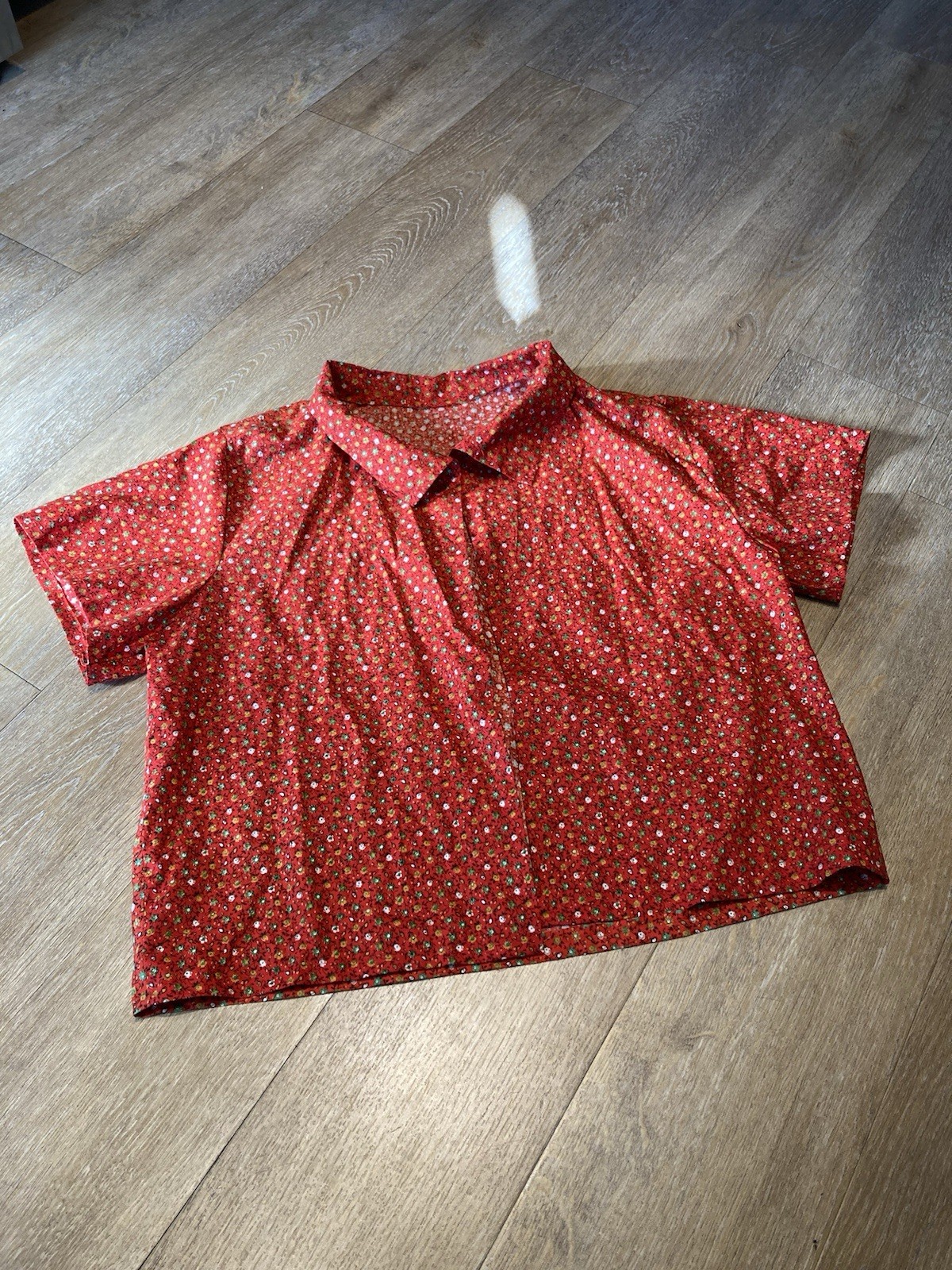 Handmade Women’s Red Shirt Open Front Short Sleeve With Collar No Tag Summer