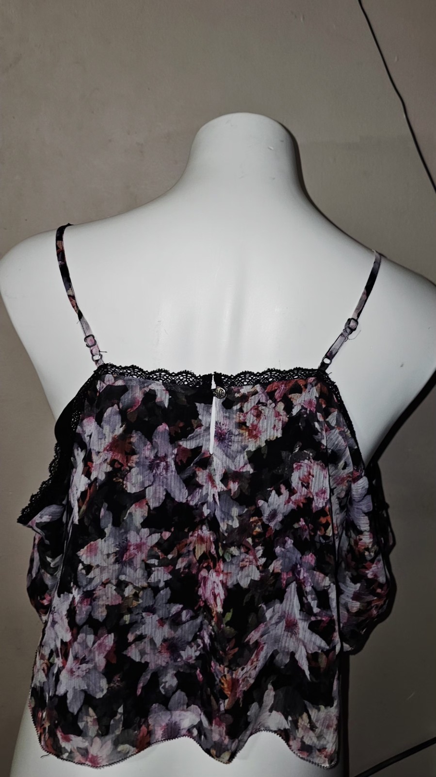 bebe Women’s S/P Black Floral Sheer Lace Trim Spaghetti Strap Camisole Top