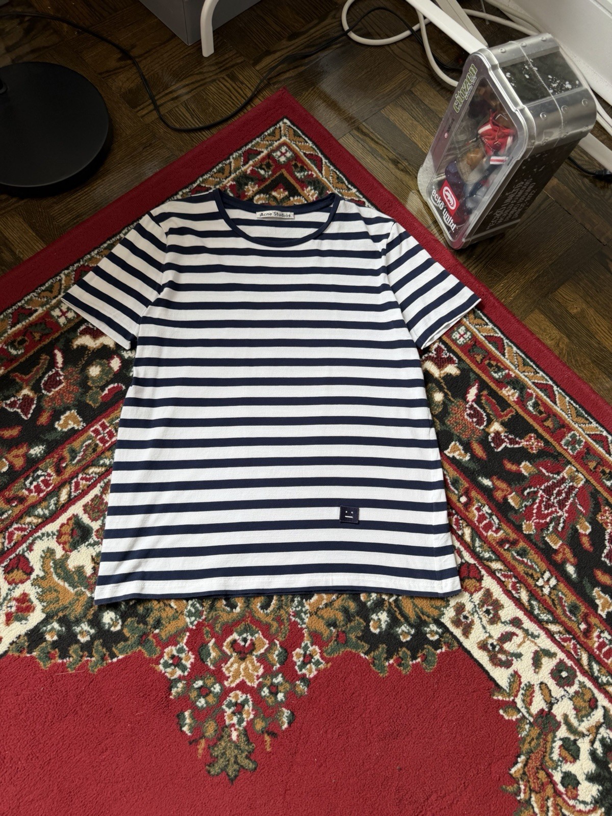 Acne Studios Navy/White Striped Rigoletto Face Cotton T-shirt Size S