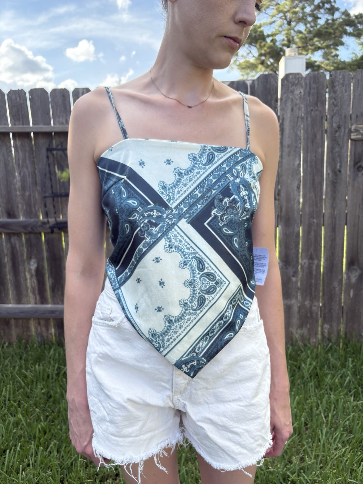 ASOS DESIGN Blue/White Paisley Satin Tie-Back Camisole Square Neck Sz S