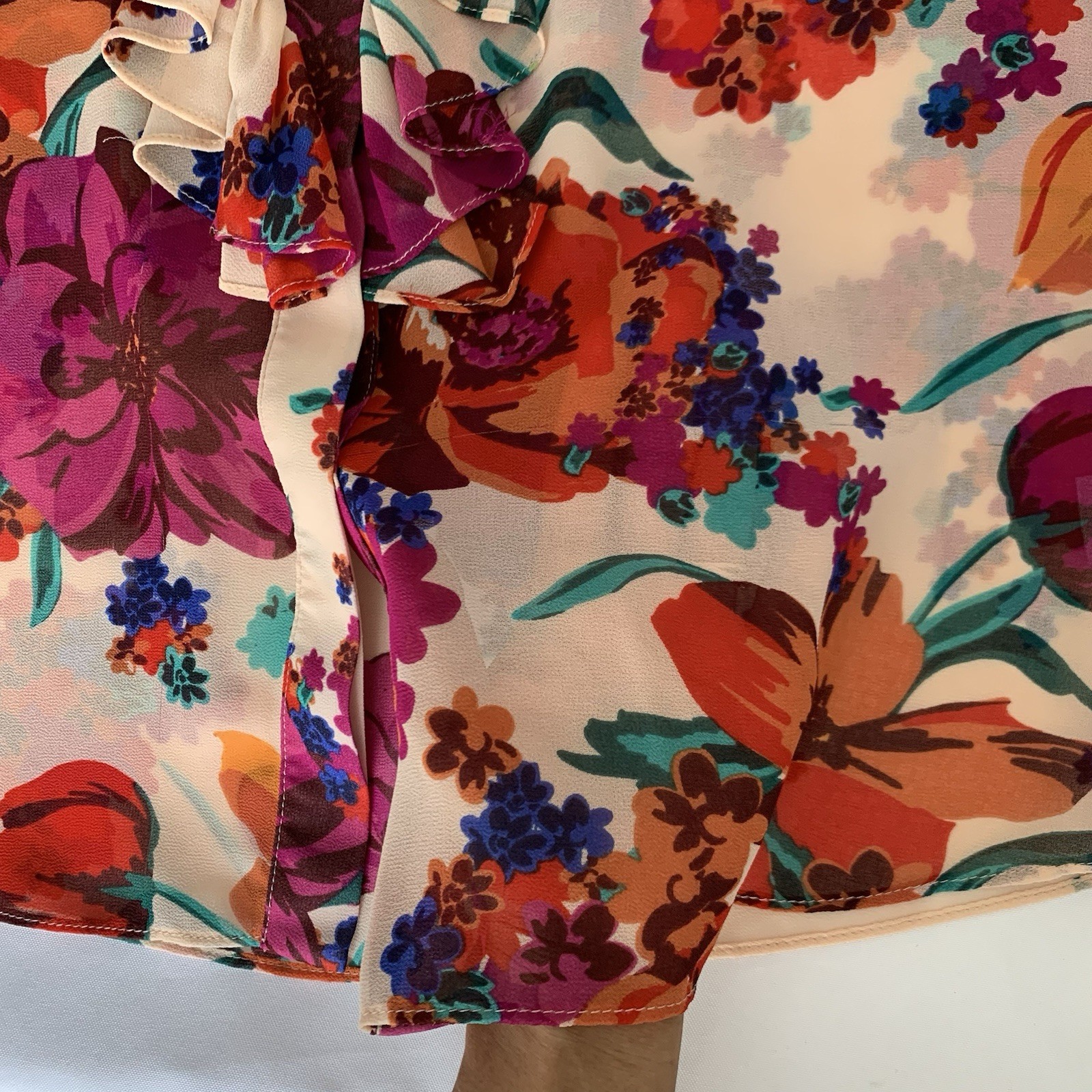 MISA Los Angeles Blouse L Button Sheer Nude Purple Floral Colorful Feminine Chic