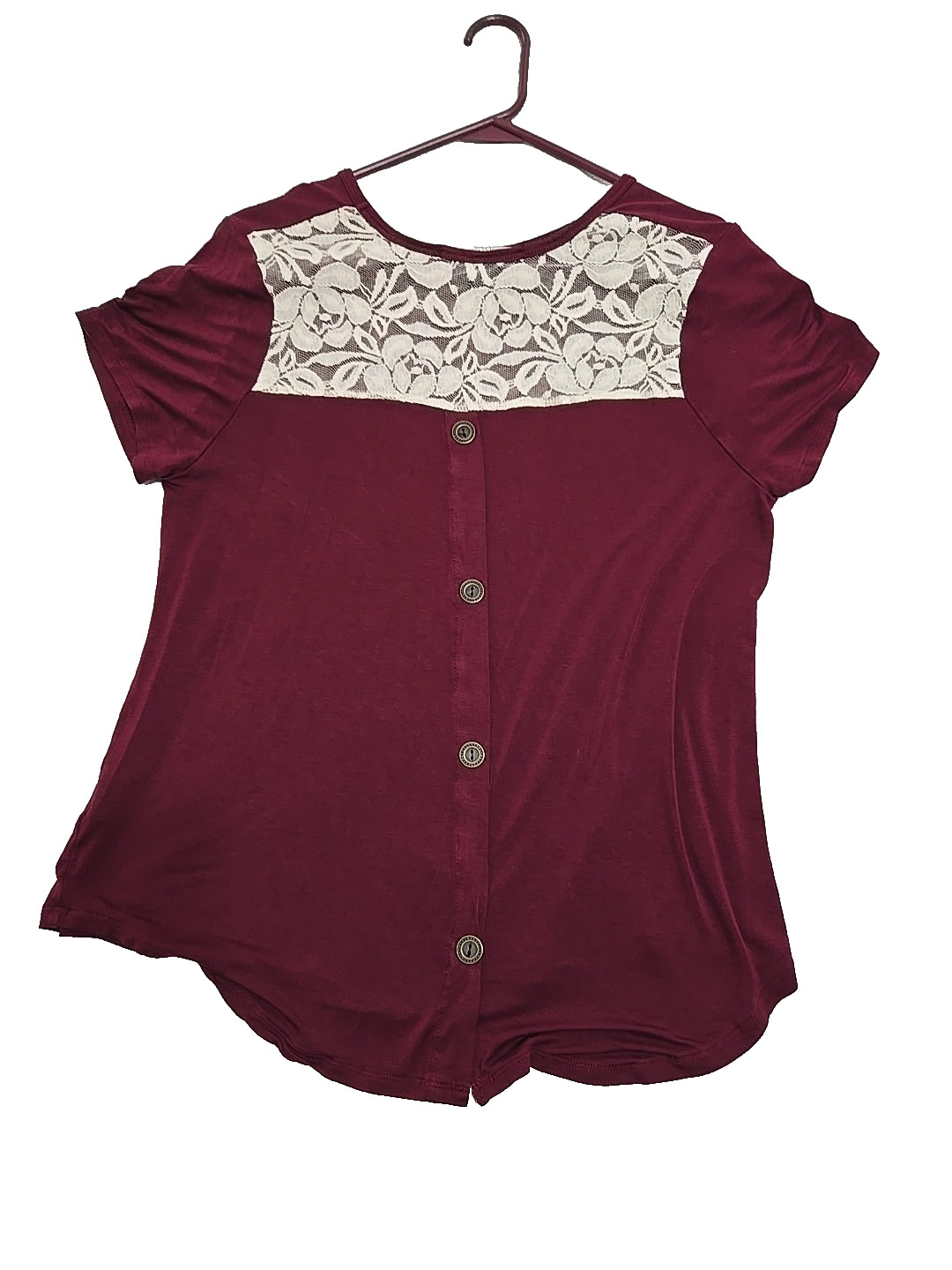 Belle Tweed Womens T-Shirt Top Large Wine Red Off White Lace Trim Short Sleeve