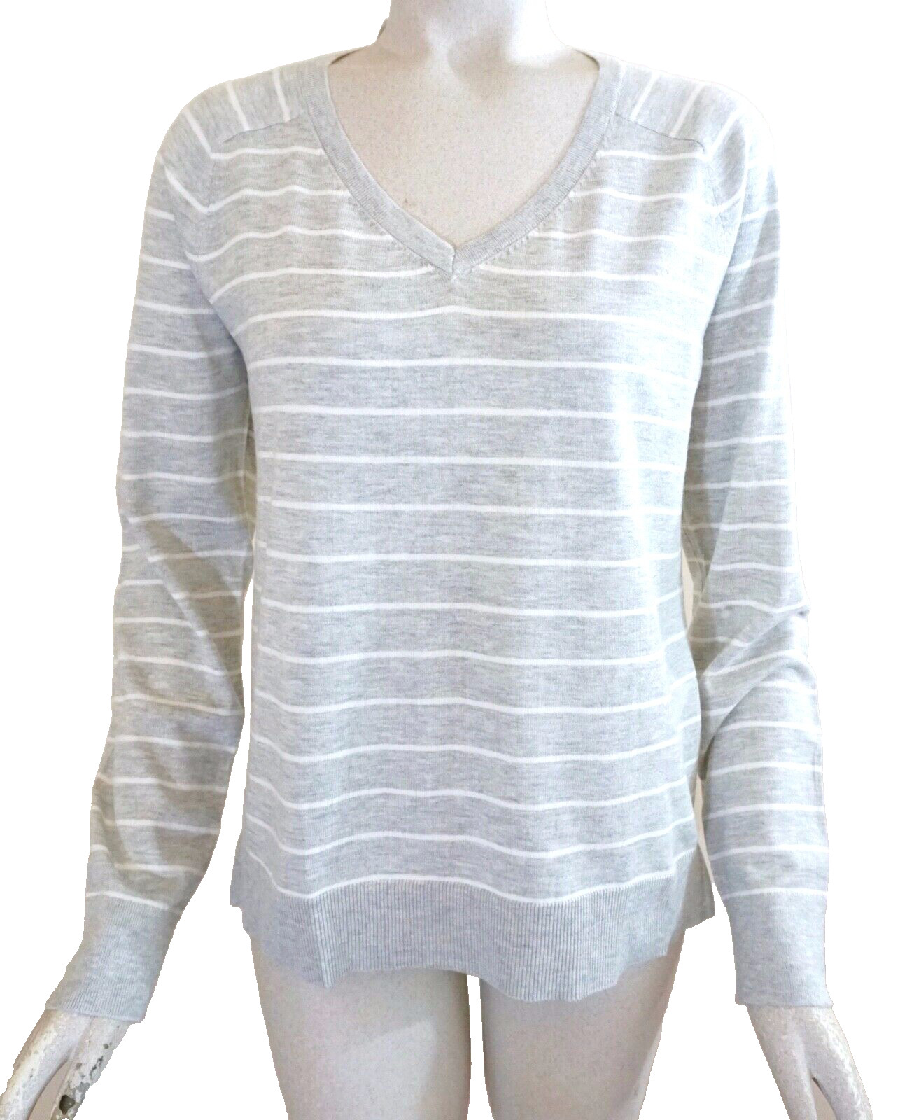 NWT $60 Ann Taylor LOFT Striped Mixed Media LS Top, Light Grey Melange, Size L