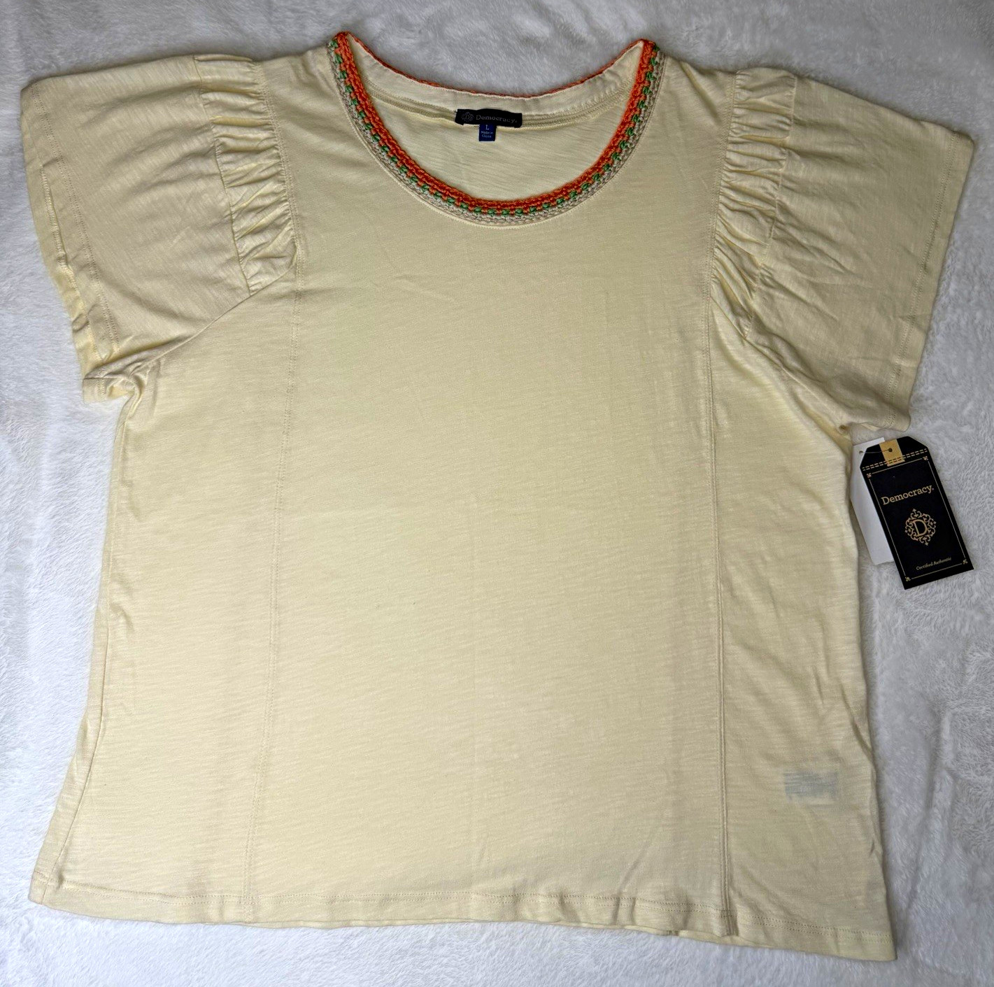 Democracy Women’s L Regular Ivory Solid Round Neck Cap Sleeve Crochet T-Shirt