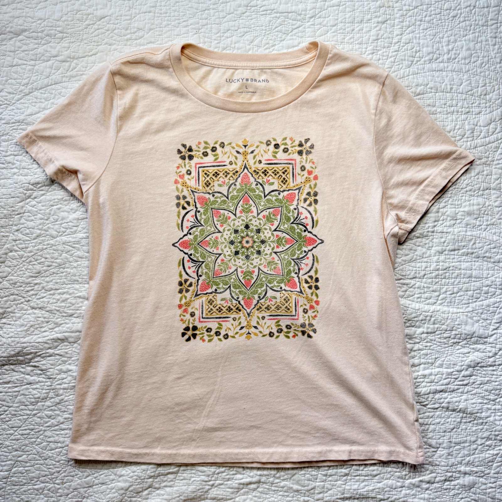 Lucky Brand Boho Pastel Pink Embellished Strawberry Mandala T-shirt Womens Small