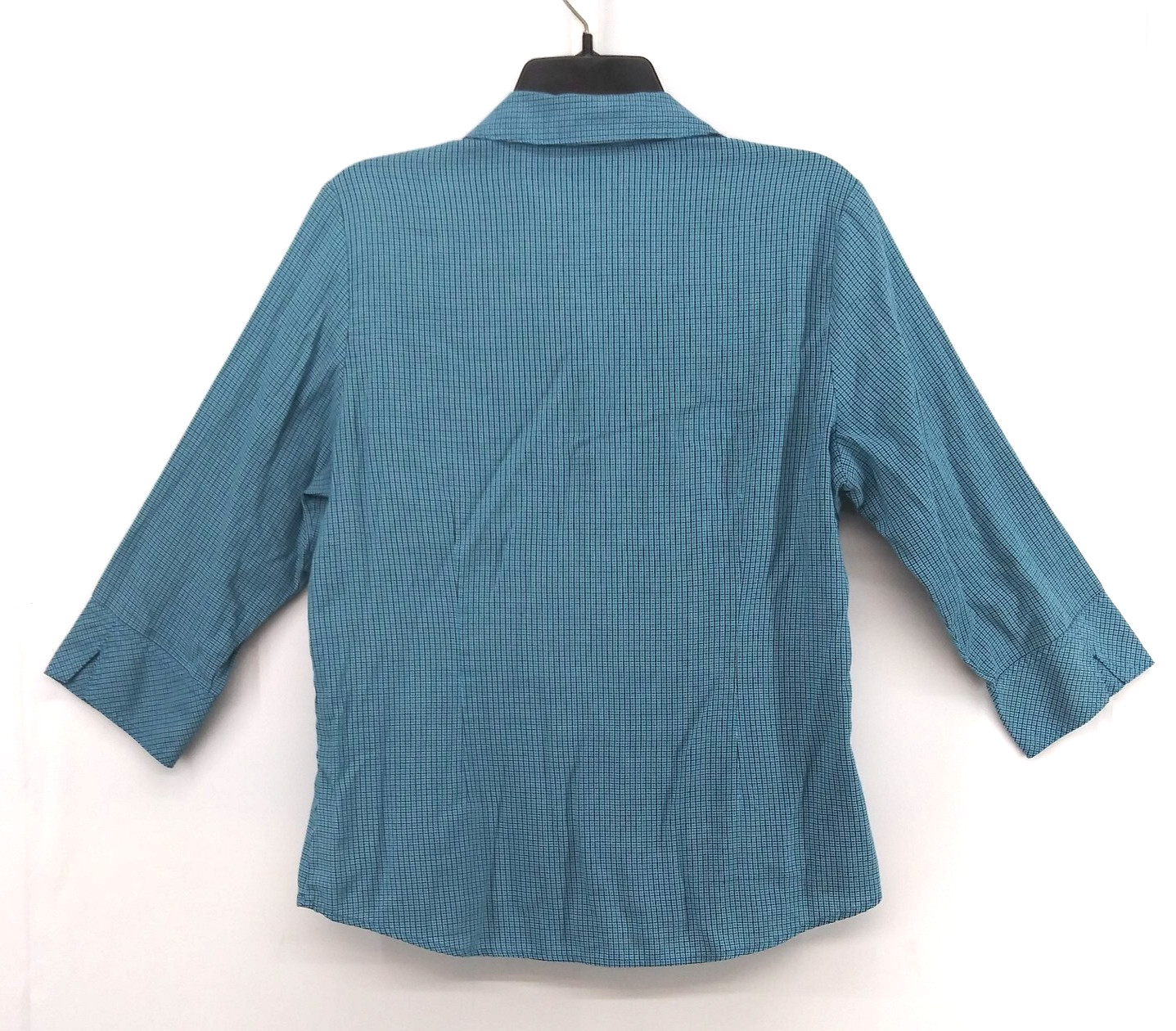 Riders by Lee Shirt Women Size M Teal Check Collared 3/4 Sleeve Button Up Top