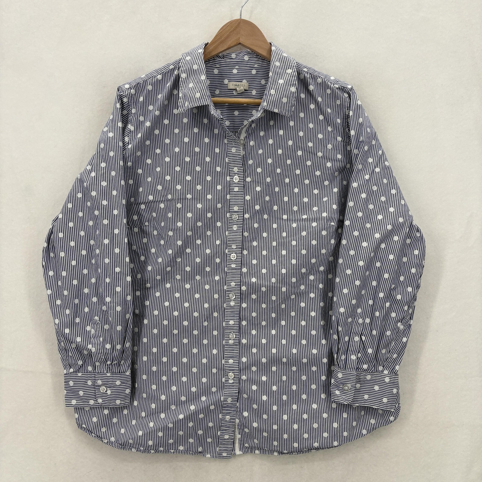 Talbots Shirt Womens 2X Blue Polka Dot Stripe Button Front Cotton Top Blouse