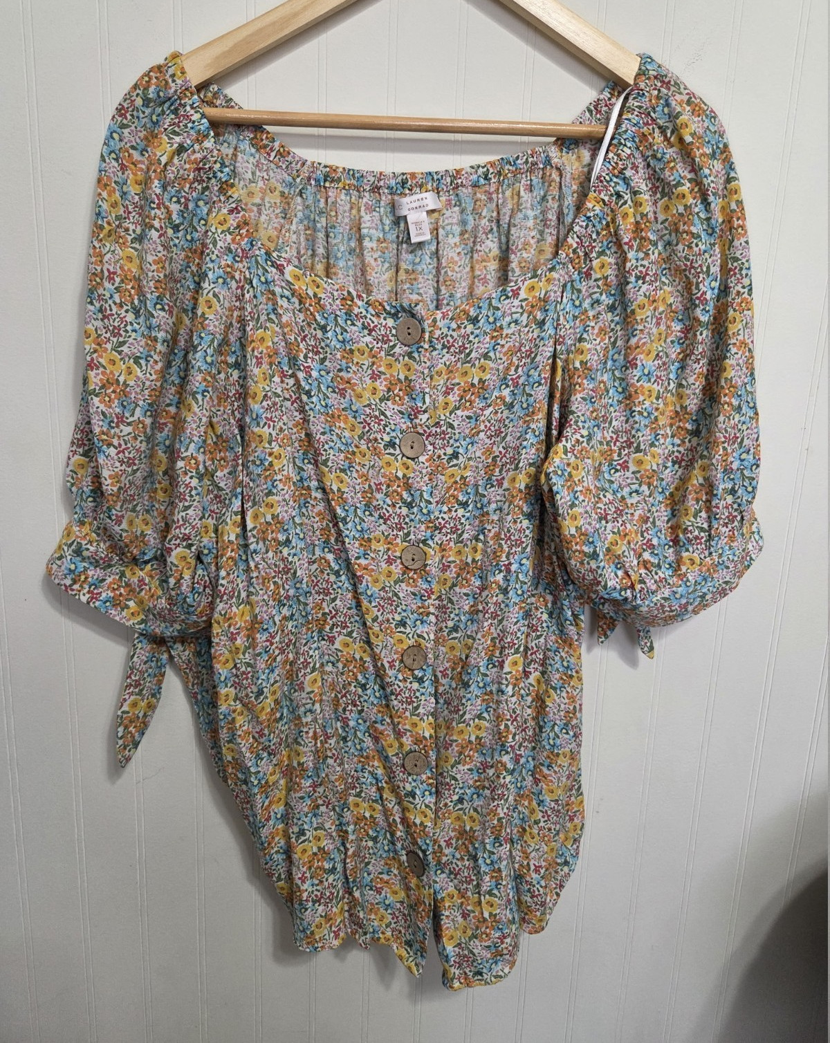 LC Lauren Conrad Women’s Plus 1X Multicolor Floral Square Neck Tie Sleeve Top