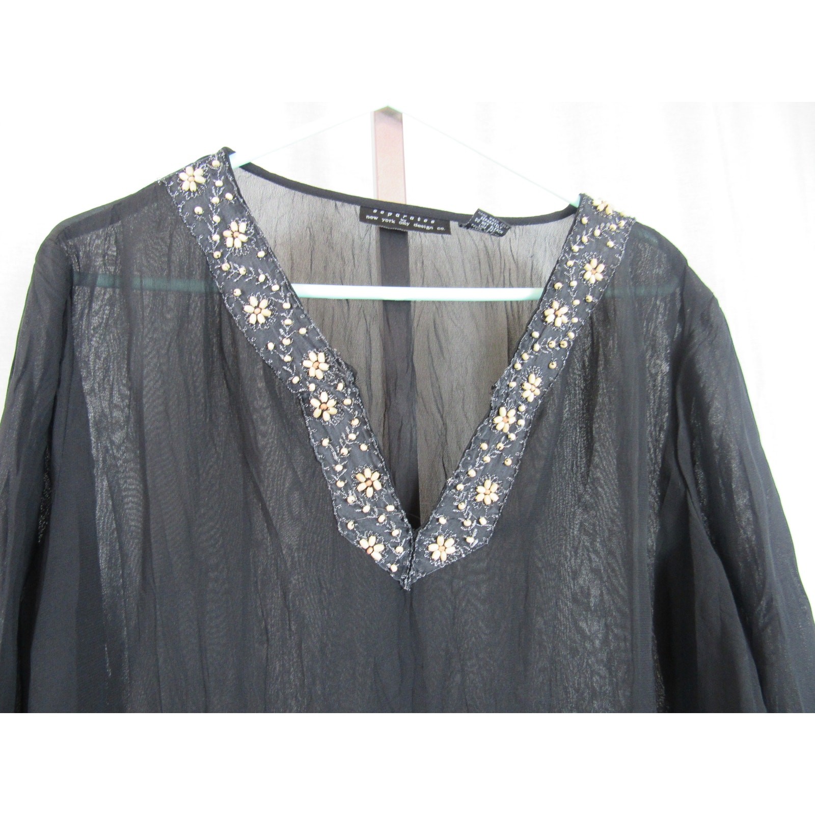 Separates By NYC Design Co. XL Black Crinkle Long Sleeve Blouse Beaded Sheer