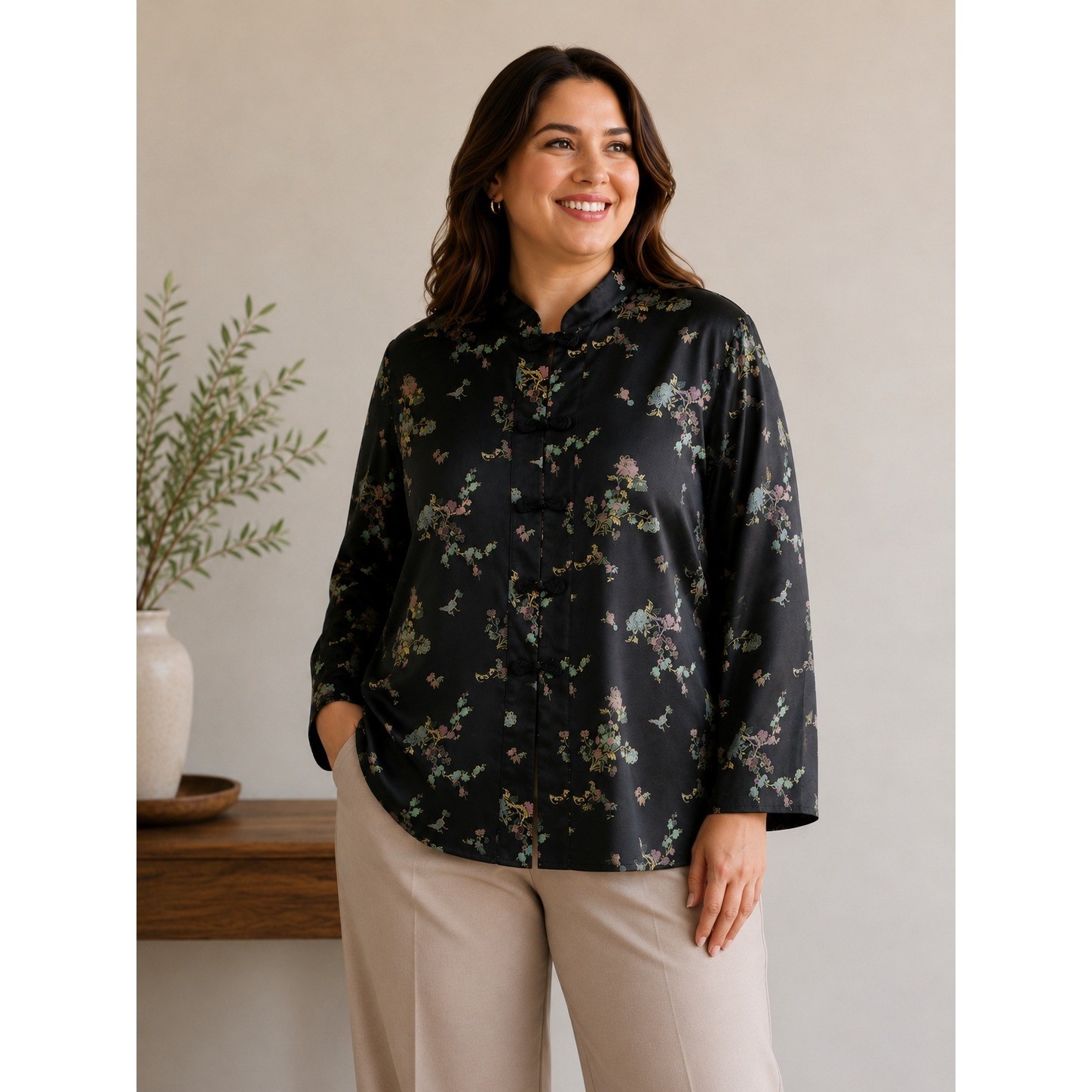 Vintage Notations Satin Blouse Womens Large Black Frog Closure Mandarin Collar