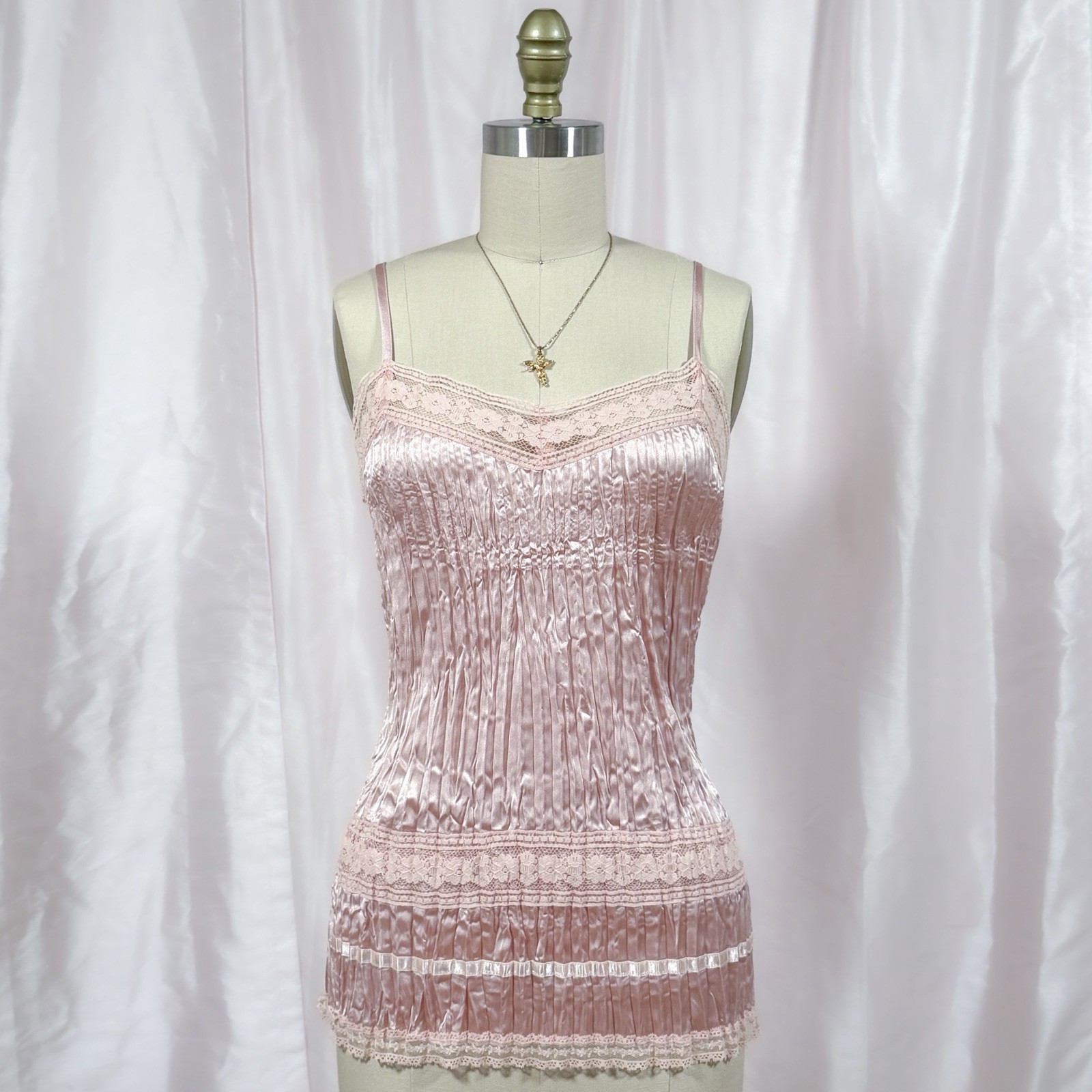 Vintage Y2K Pleated Cami | Light Pink Crinkle Satin Longline Tank | Size M