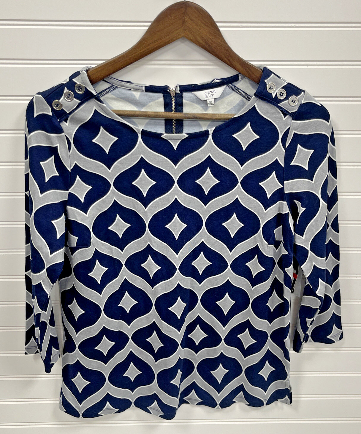 Crown & Ivy Womens Navy Gray Lasting Geo Luxe II Long Sleeve Blouse Sz XS NWT