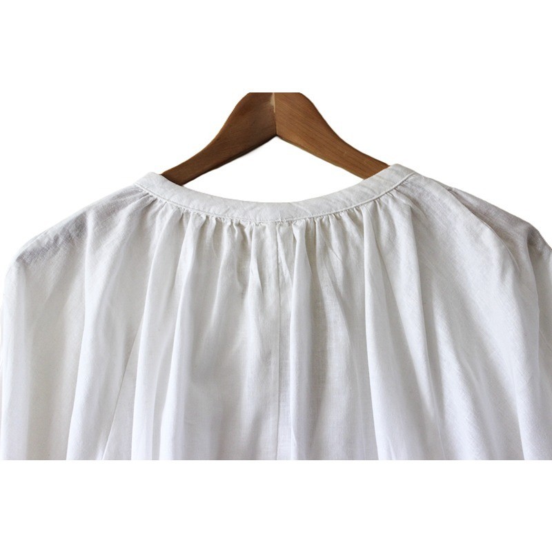 H&M Linen & Cotton Blend Tie-Neck Balloon-Sleeve Blouse in Crisp White (XL)