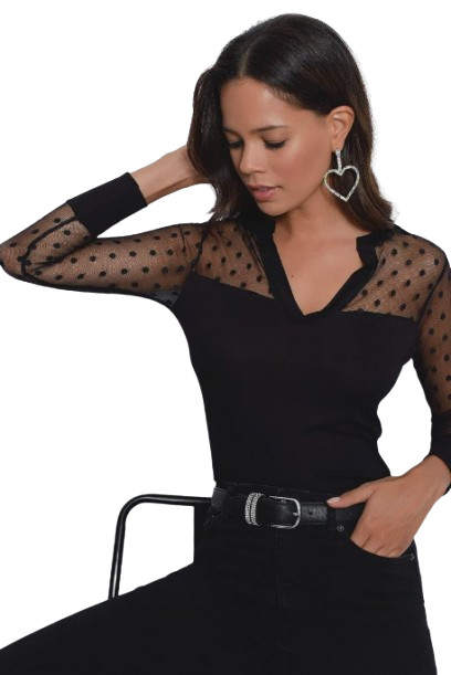 Women Black Mesh Sleeve Top Italian Design Sheer Polka Dot Elegant Blouse S-XL
