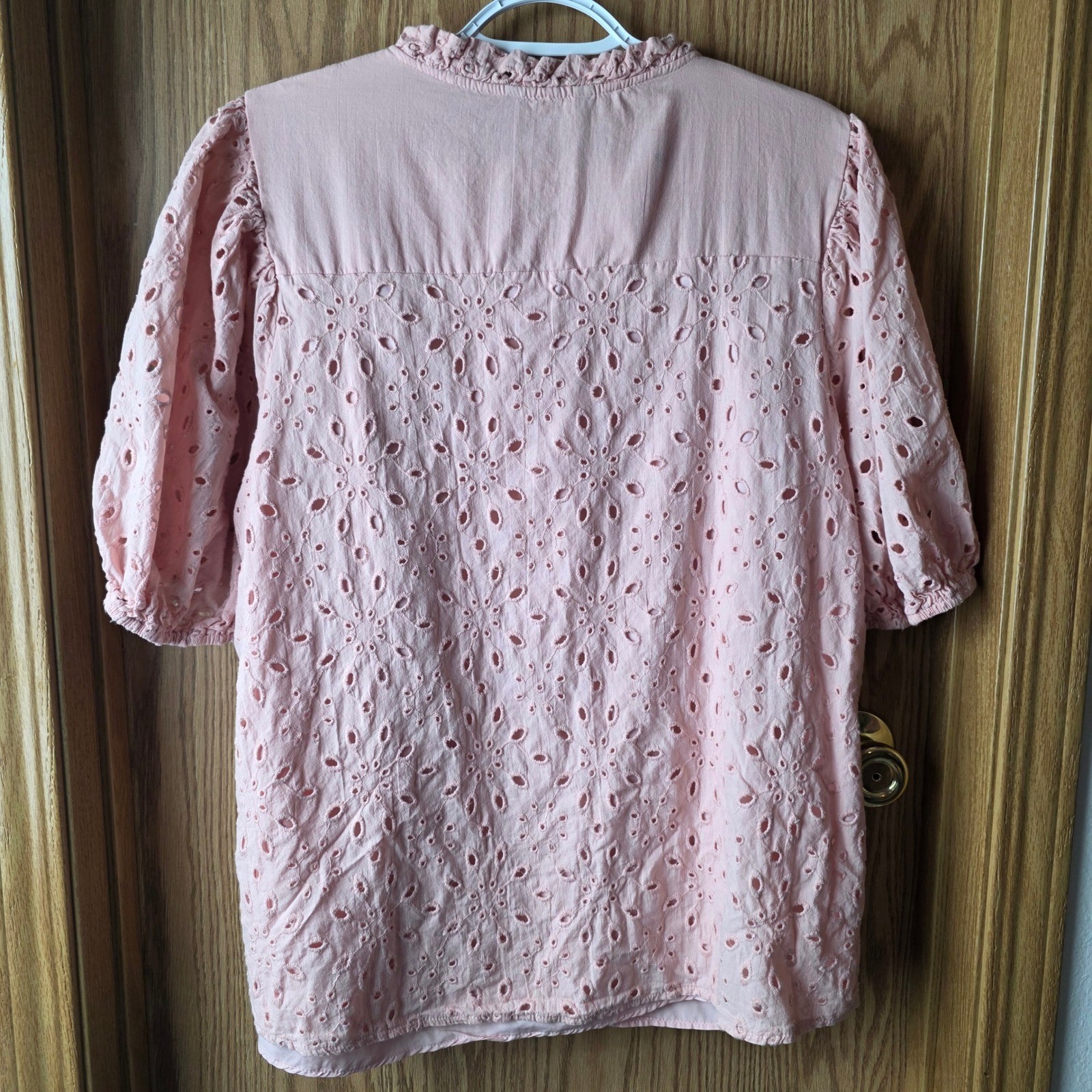 BTFBM XL Pink Eyelet Blouse Puff Sleeve Ruffle Neck Button Front Cotton Top