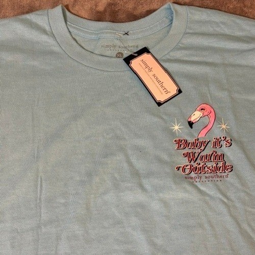 Simply Southern Flamingo Christmas T-Shirt XL Blue Baby Its Warm Outside NWT