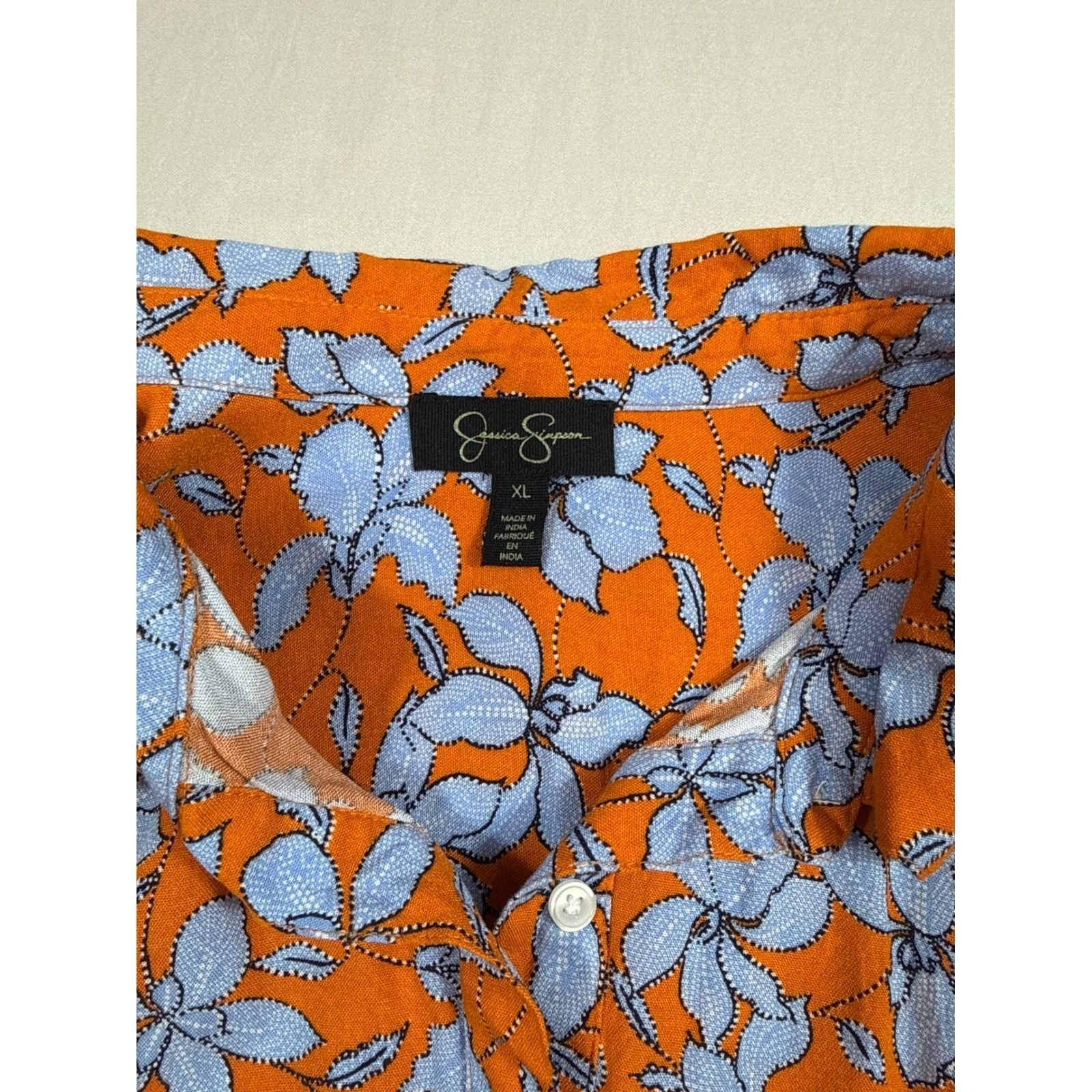 Jessica Simpson Womens XL Orange Blue Floral Tie Front Button Down Blouse Top