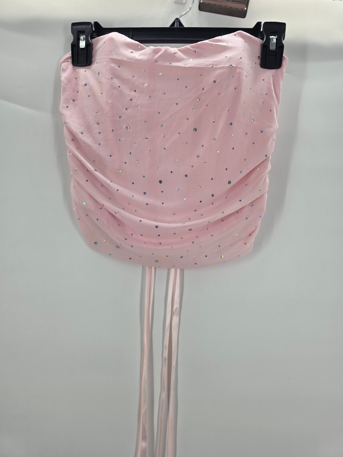 Pink Sequin Embellished Ruched Corset Top with Lace-Up Back