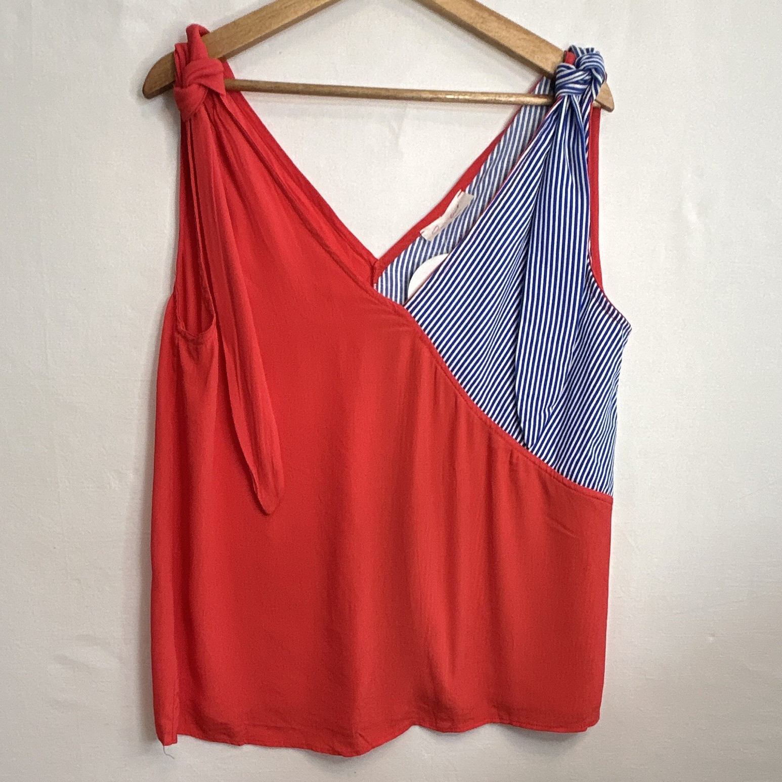 Sugarlips Red/Blue/White Striped V-Neck Tie Shoulder Chiffon Top M, July 4th
