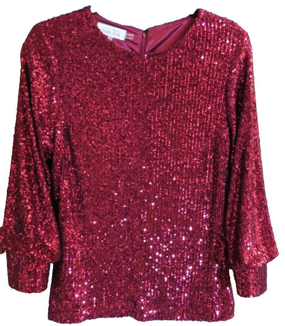 SLASHED Rickie Freeman Teri Jon Sz 12 Valentine Red Sequin Bishop Sleeve Top