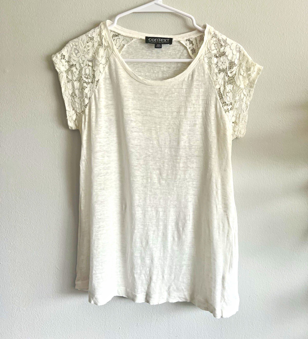 Context Women’s White Linen Lace Sleeve Scoop Neck Short Sleeve T-Shirt Sz M