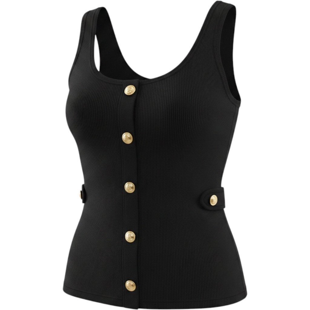 Michael Michael Kors Black Knit Tank Top Gold Button Detail Scoop Neck Medium
