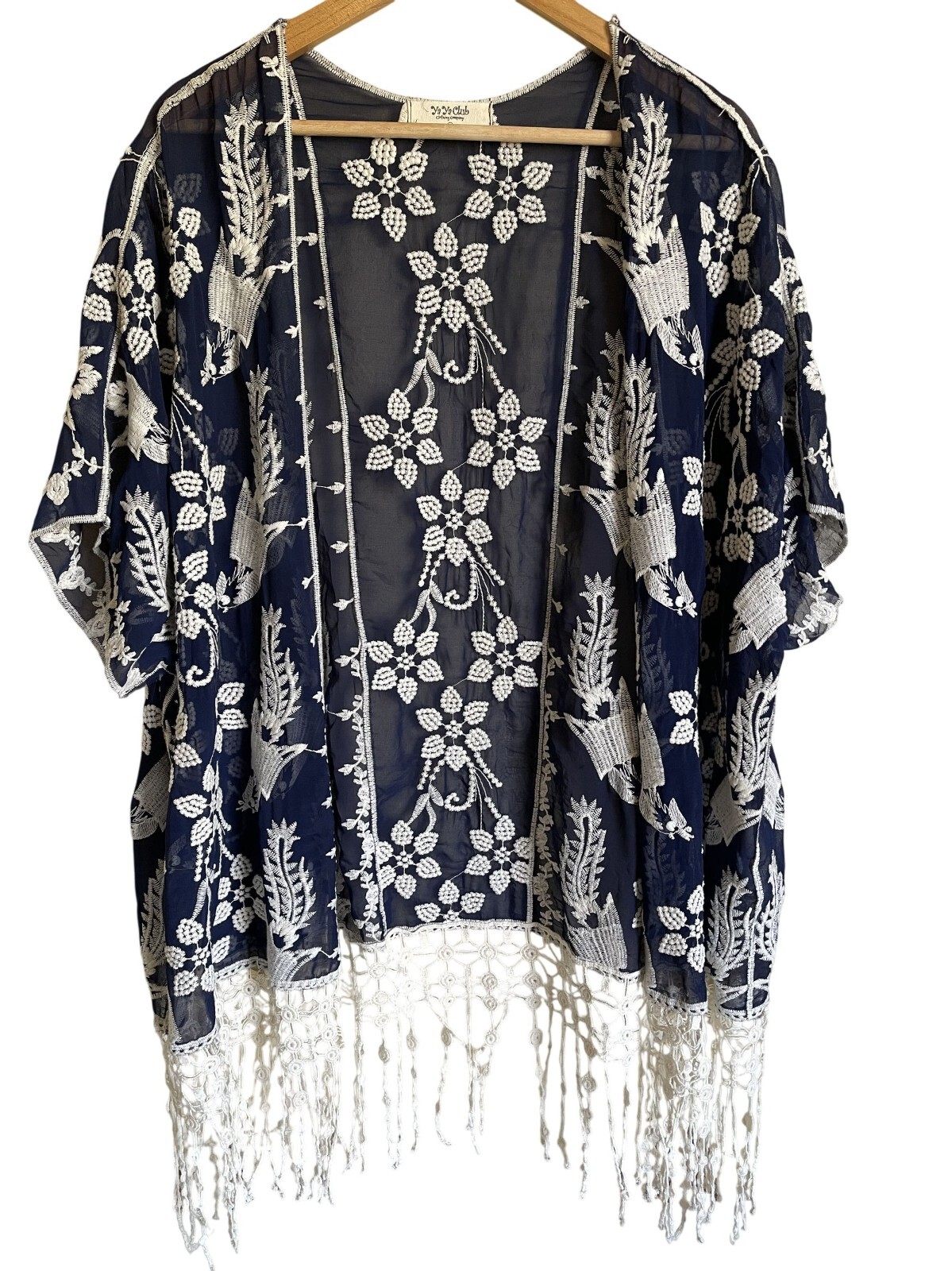 Ya Ya Club Navy Blue Cream Embroidered Floral Kimono Wrap Fringe Semi Sheer Size