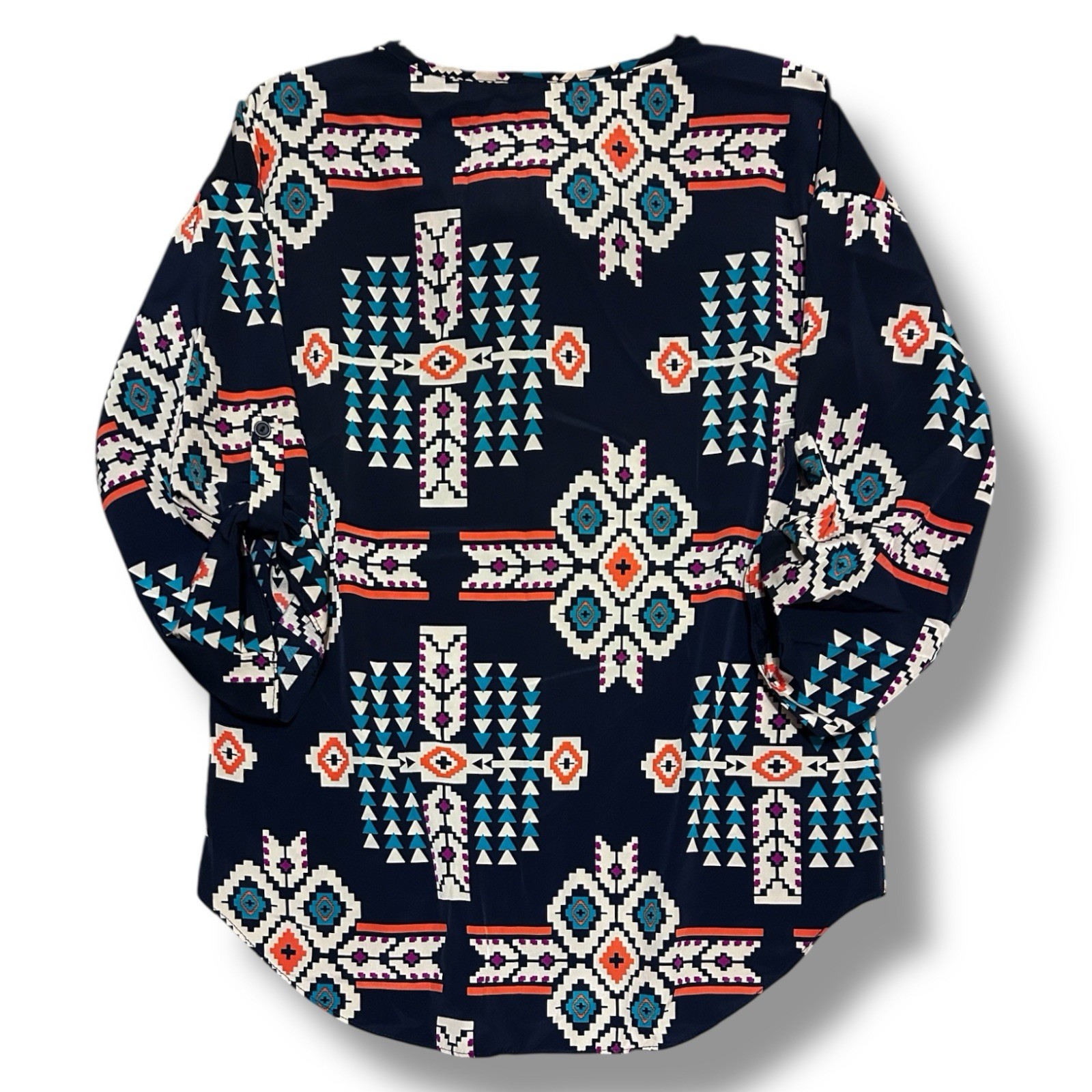 Daytrip Size Medium Top Aztec Print Tie Neck Roll Tab Slv Tribal Boho Western