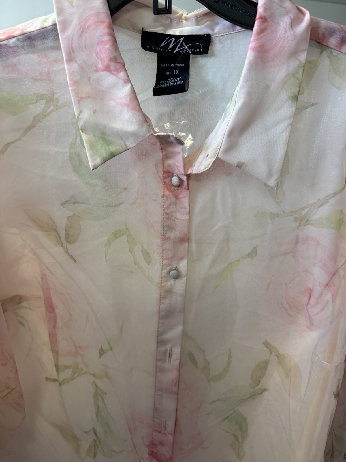 Sz 3X PLUS Midnight Velvet Summer Pink Sheer Puff Sleeve Shelly Tulip Print Top