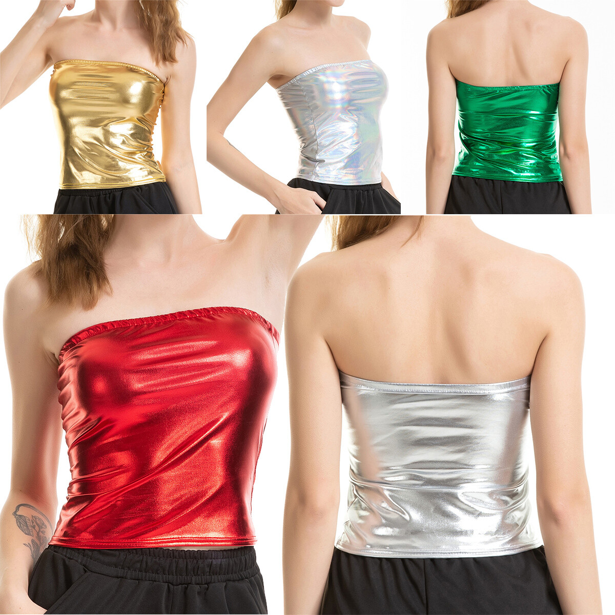 Women Shiny Metallic Strapless Crop Top Backless Party Off Shoulder Tops S-2XL