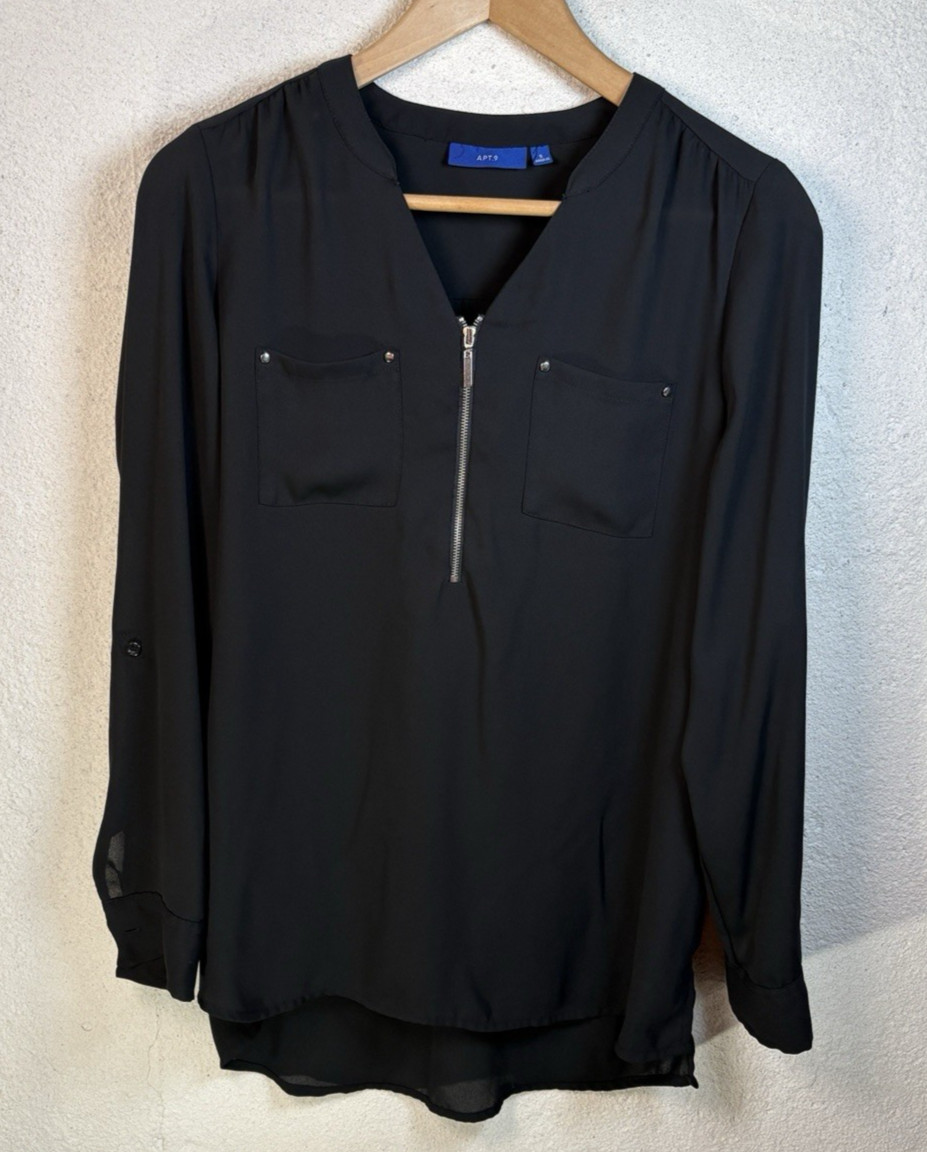 Apt.9 Women S Black Blouse V Neck Long Sleeve Zipper Office Siren Dressy