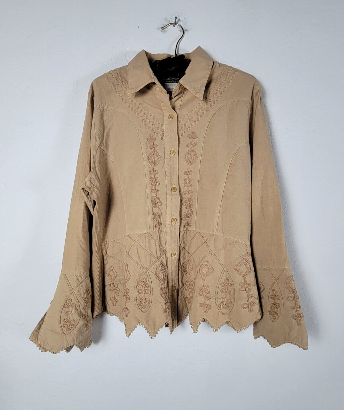 G. Designs Natural Fashions Womens Embroidered Button Down Shirt Large Tan Boho