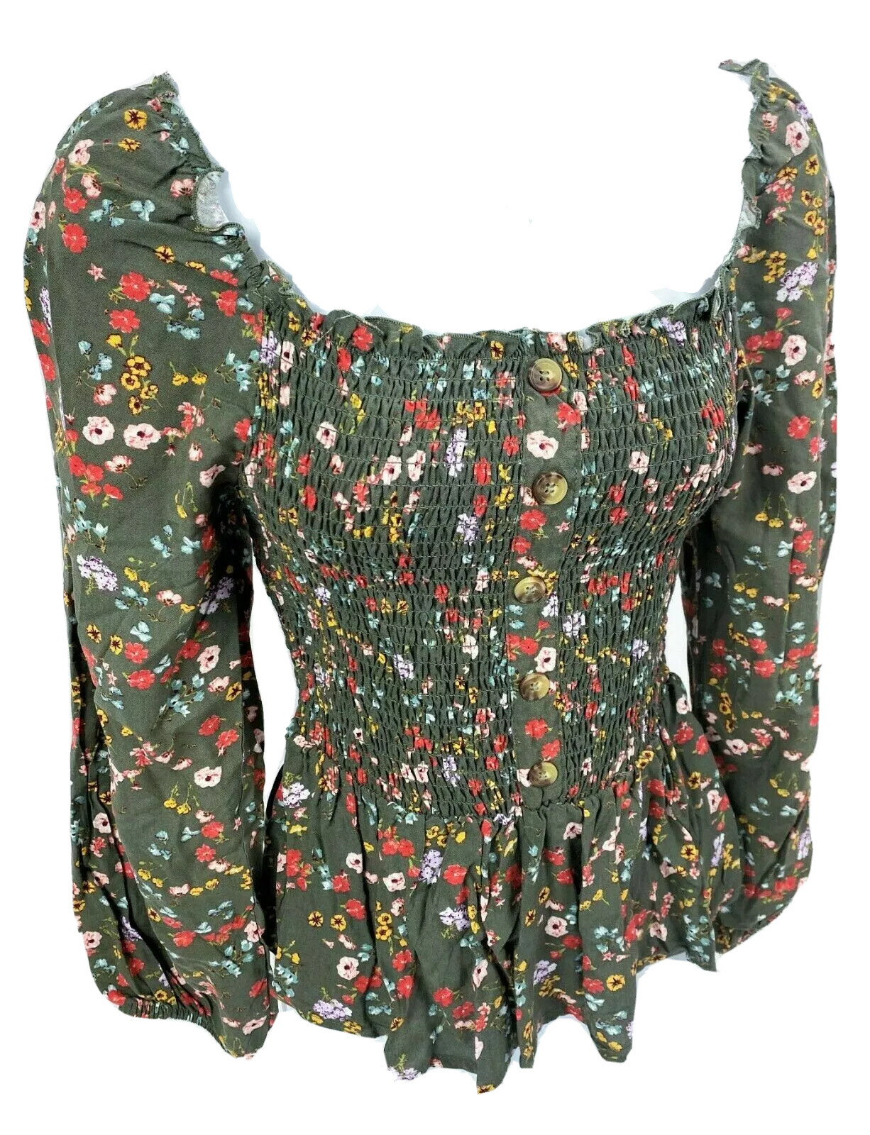 Junior Large Wishful Park T Shirt Top Smock Crop Peasant Floral Green 3/4 Sleeve