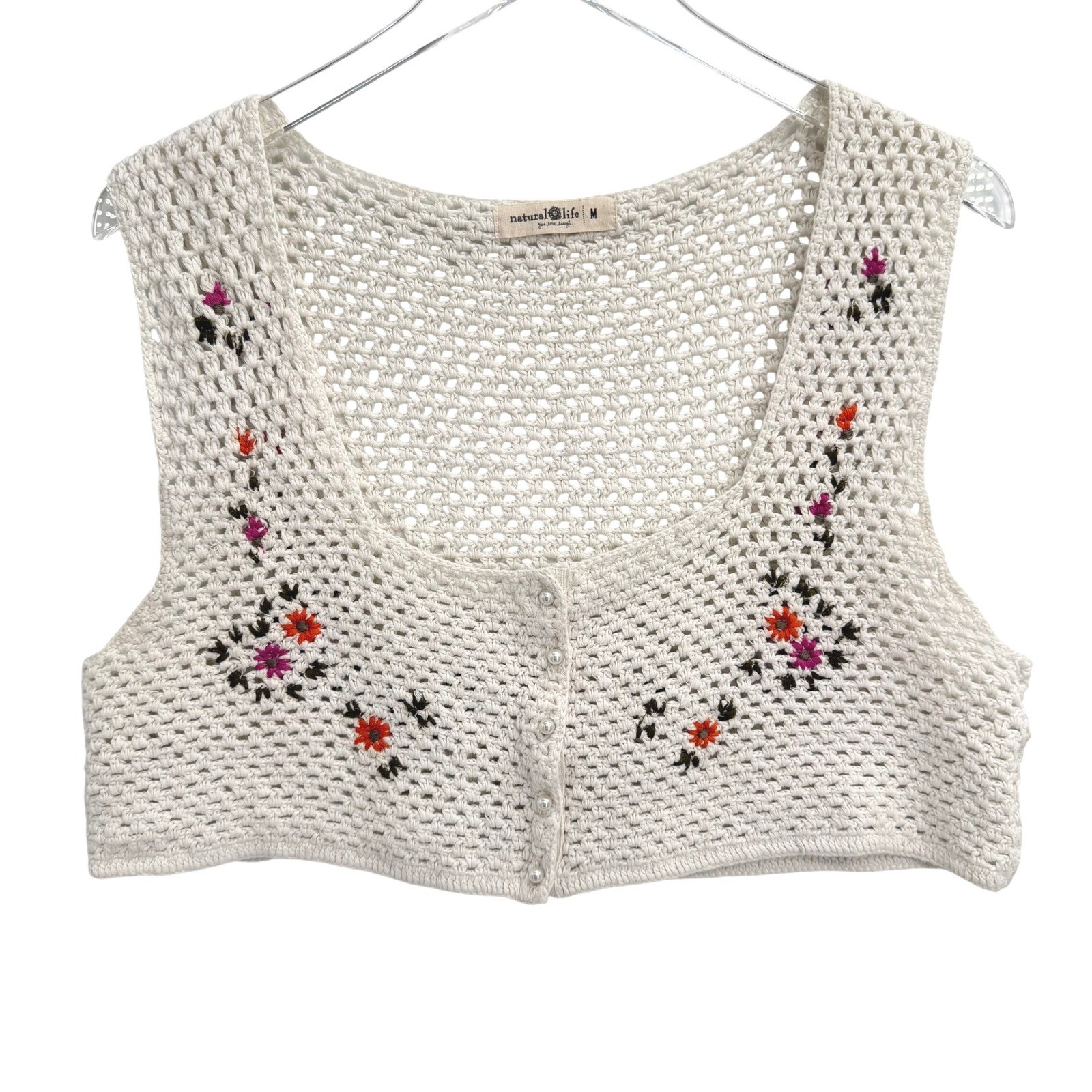Natural Life Crochet Embroidered Floral Crop Top Size S Cottage Boho Festival