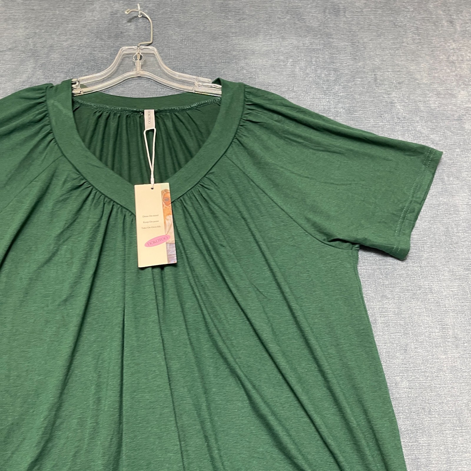 Dokotoo Blouse Top Womens XL Dark Green Summer Wear Pleated V-Neck Shirred Hem