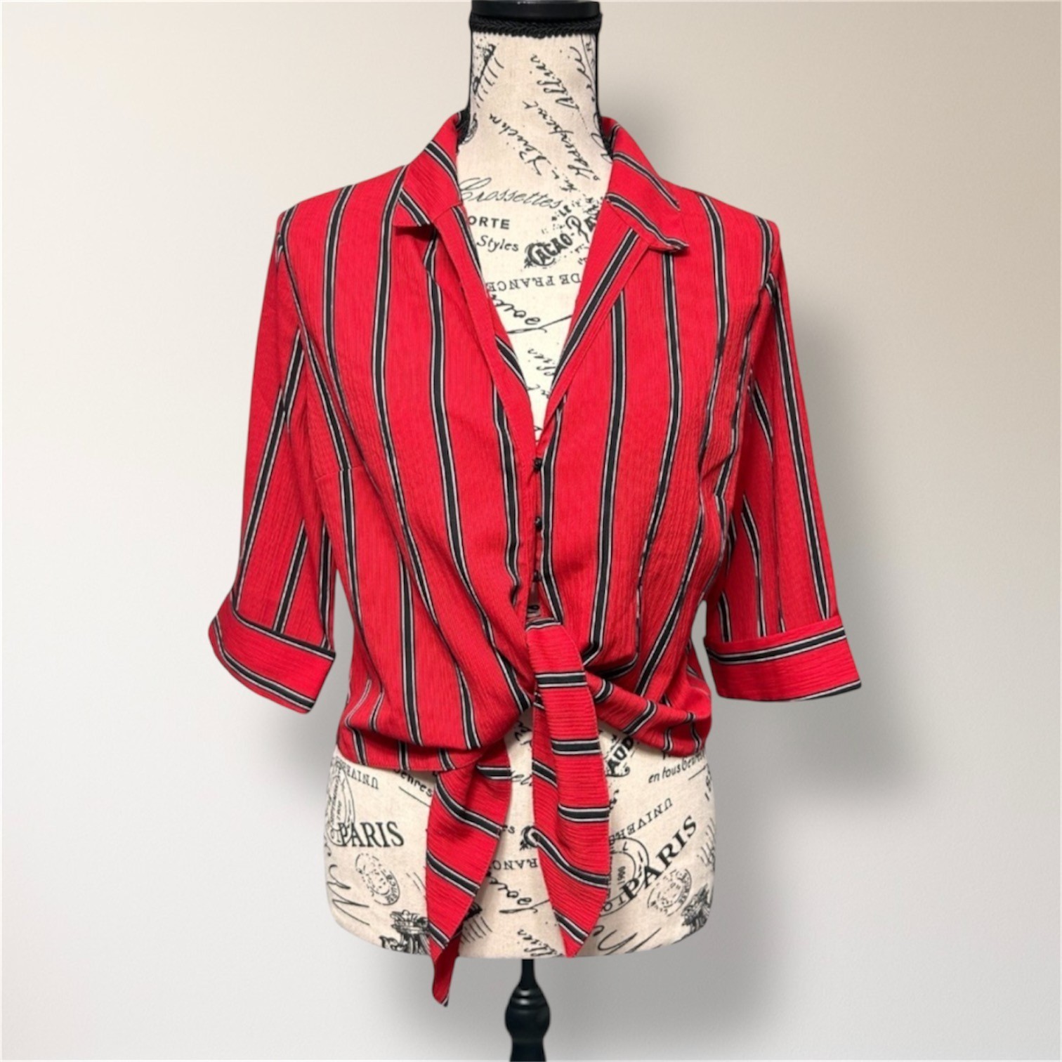 Haute Monde Red Striped Crop Blouse Tie Front Nautical Coastal Summer Top Small