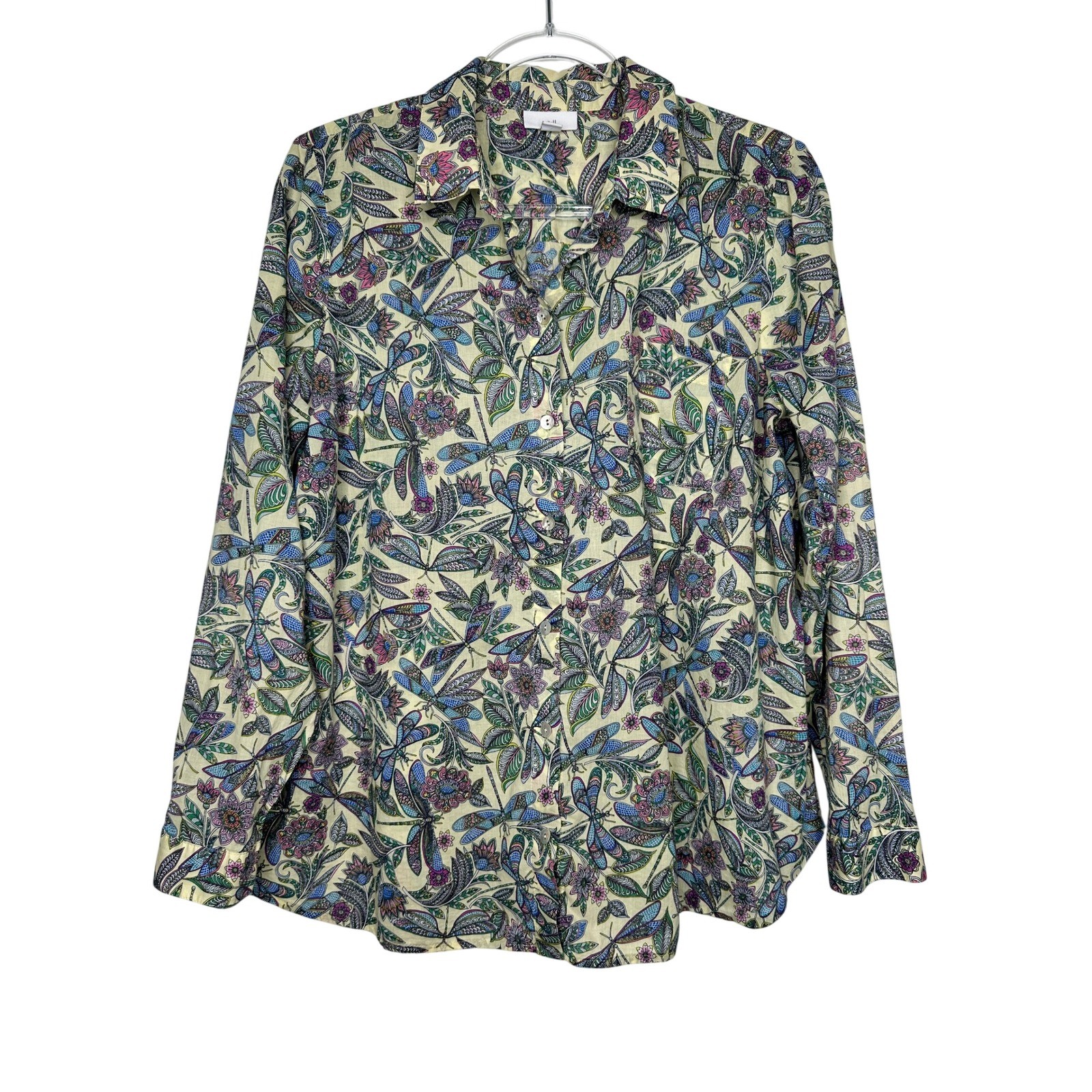 J. Jill Cotton Button Down Shirt Size M Yellow Dragonfly Paisley Floral Artsy