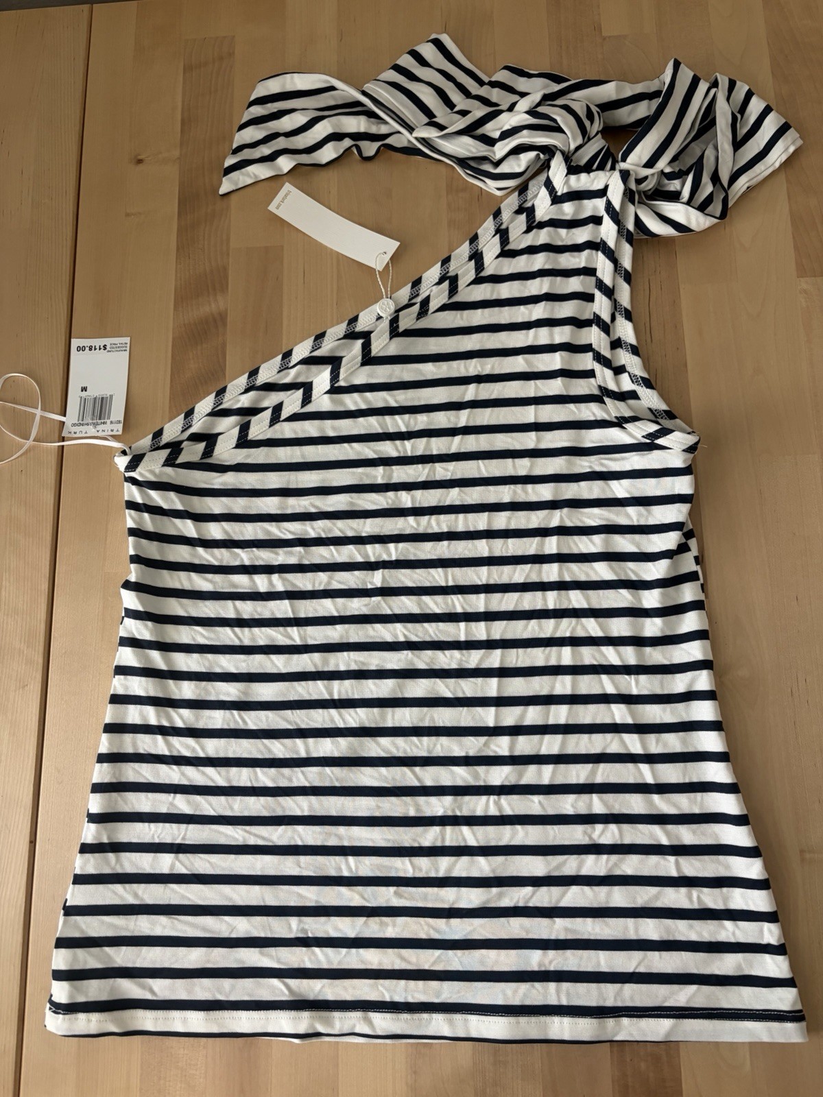 Trina Turk One Shoulder Top NWT Sz M Indigo White Stripe Bow Stretch Viscose