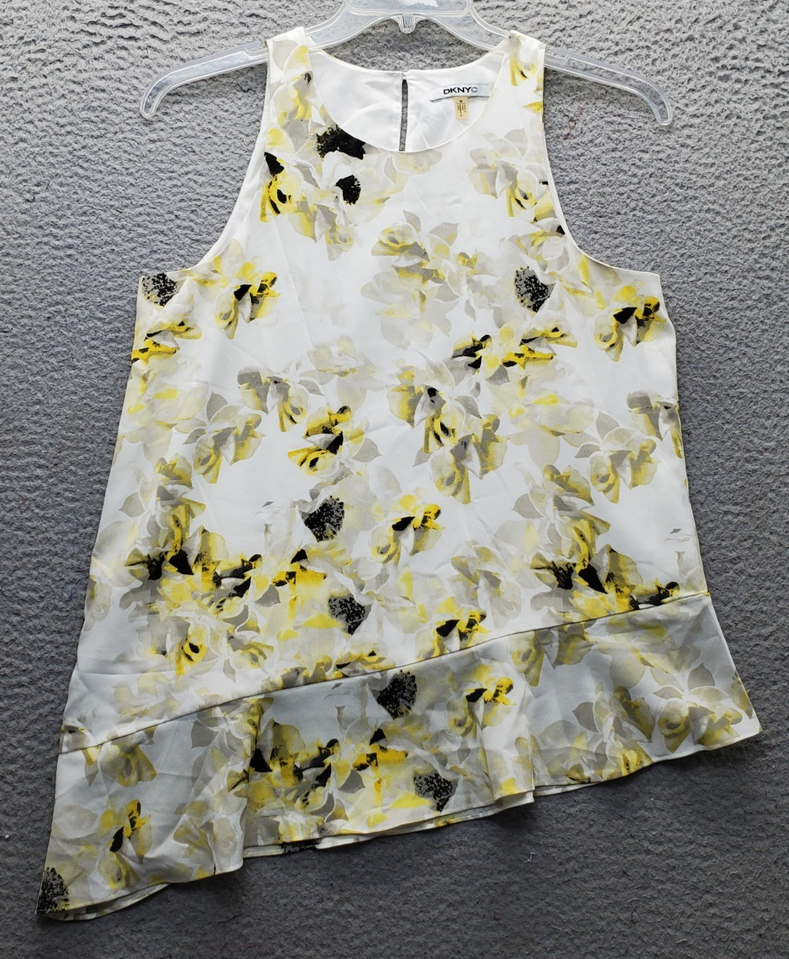DKNY Blouse Top Womens Medium Multi Floral Lined Round Neck Asymmetrical Hem