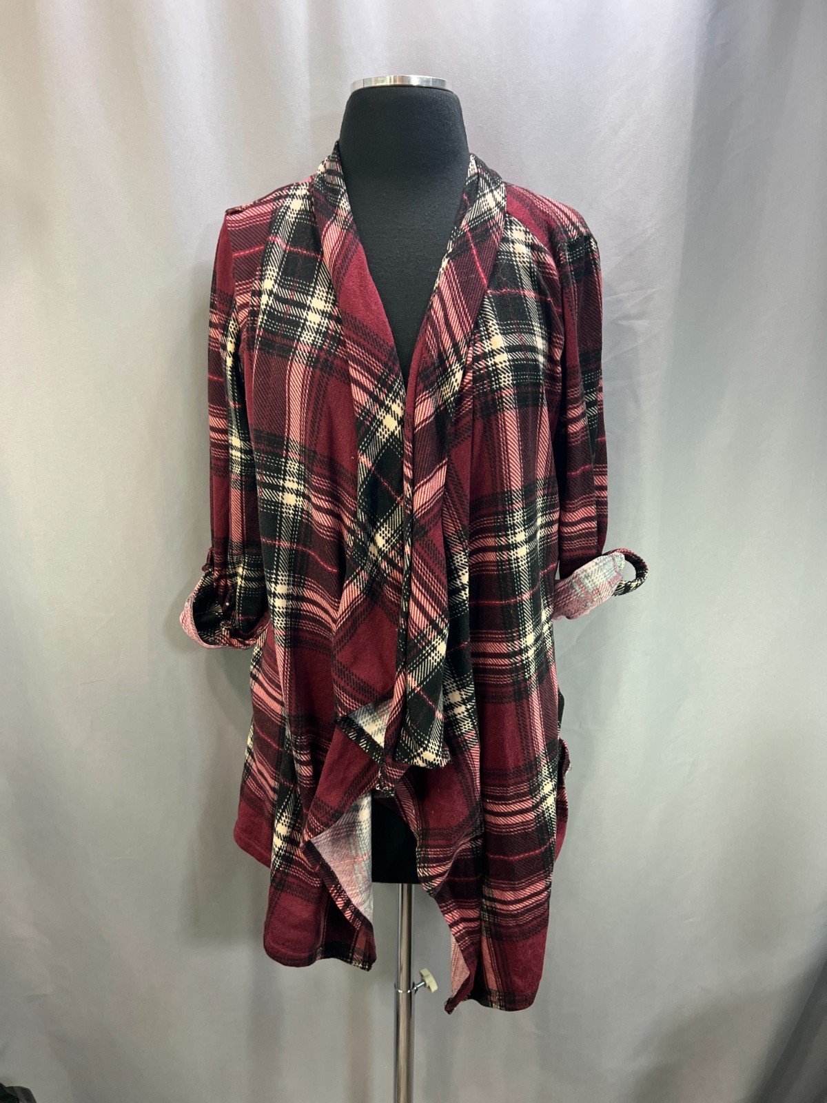 New York Laundry Flannel Cover Up Womens L Multicolor Open Front Roll Tab Sleeve