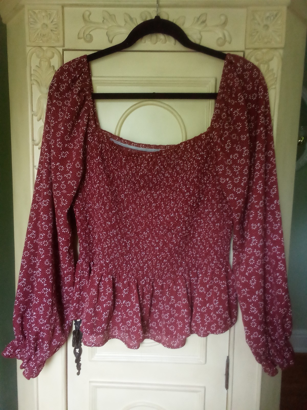 Shein Curve Womens Babydoll Peasant Smocked Floral Long Sleeve Top 3X