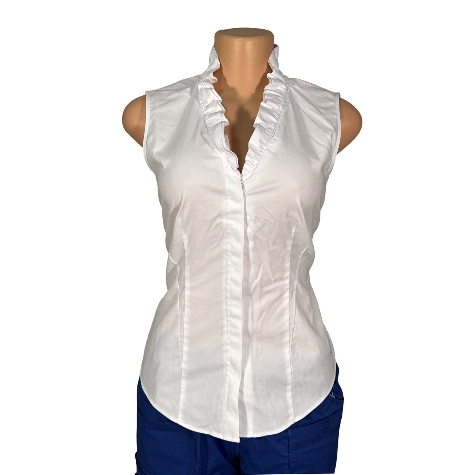 Brooks Brothers Blouse Women 4 White Excellent Ruffle Neck Sleeveless Top
