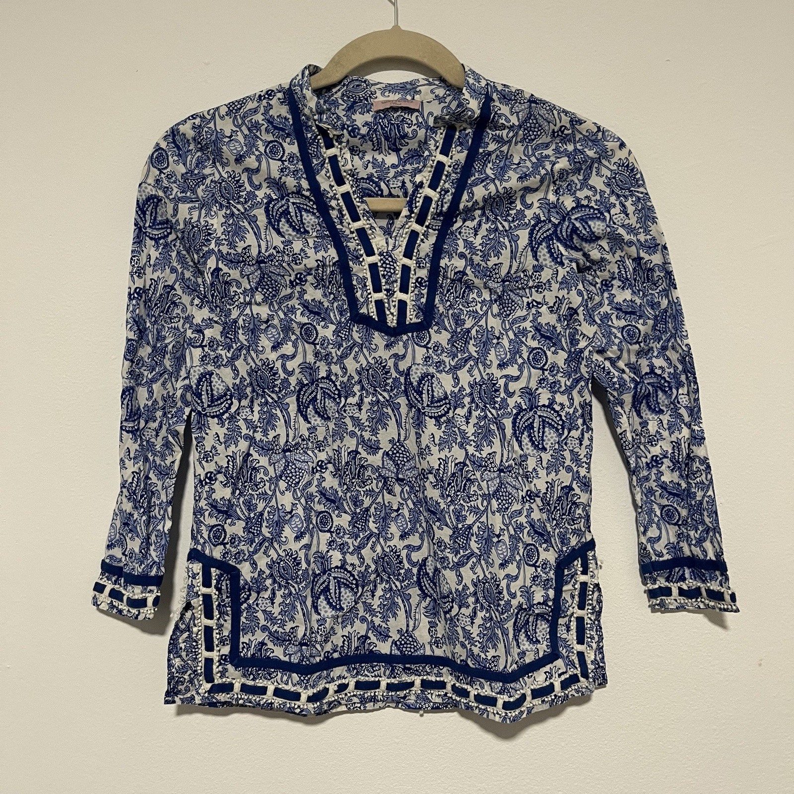 ST.TROPEZ WEST Blue Cotton Women Size Large Tunic Top Floral Blue