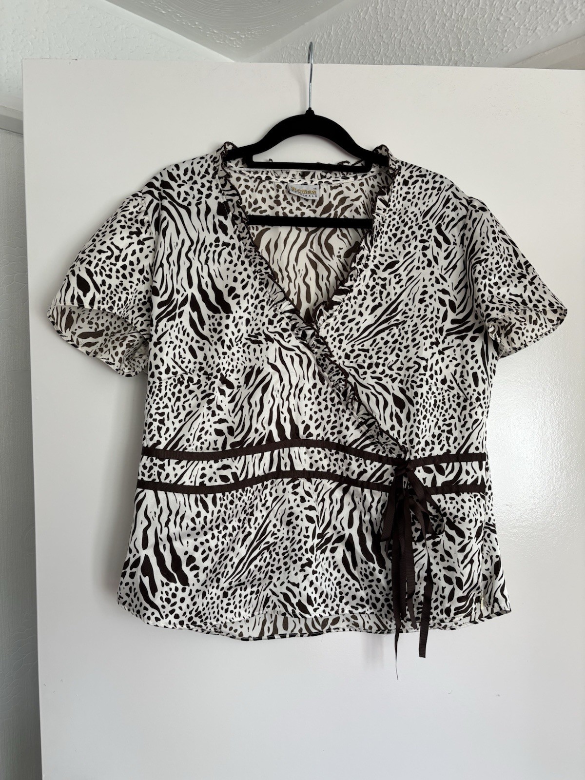 Roman Originals Cream & Brown Animal Print Short Sleeve Top | Bow Detailing | 14