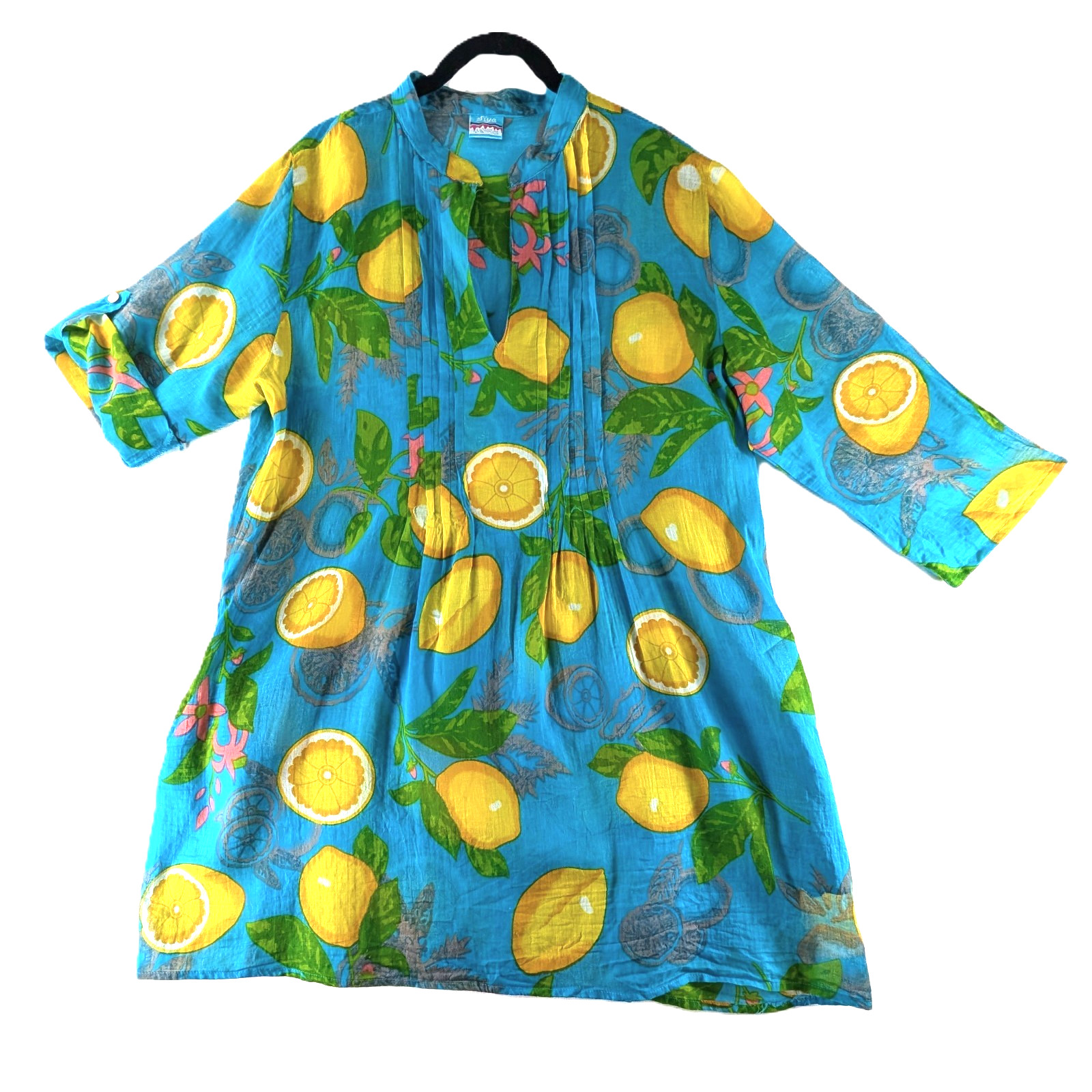 Siya Tunic Top Dress Womens Size Large Coverup Lemons Pockets Cotton Lightweight