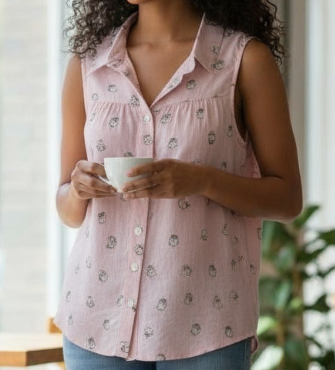 Anthropologie Kori America Owl Print Striped Sleeveless Button Front Top Size S