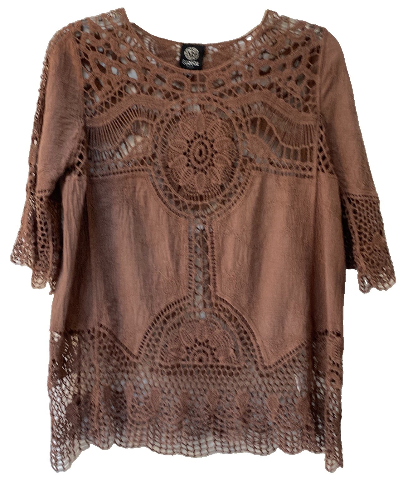 Bobeau Sz Petite M Light Brown Crochet and Embroidered Woven Top Boho Peasant