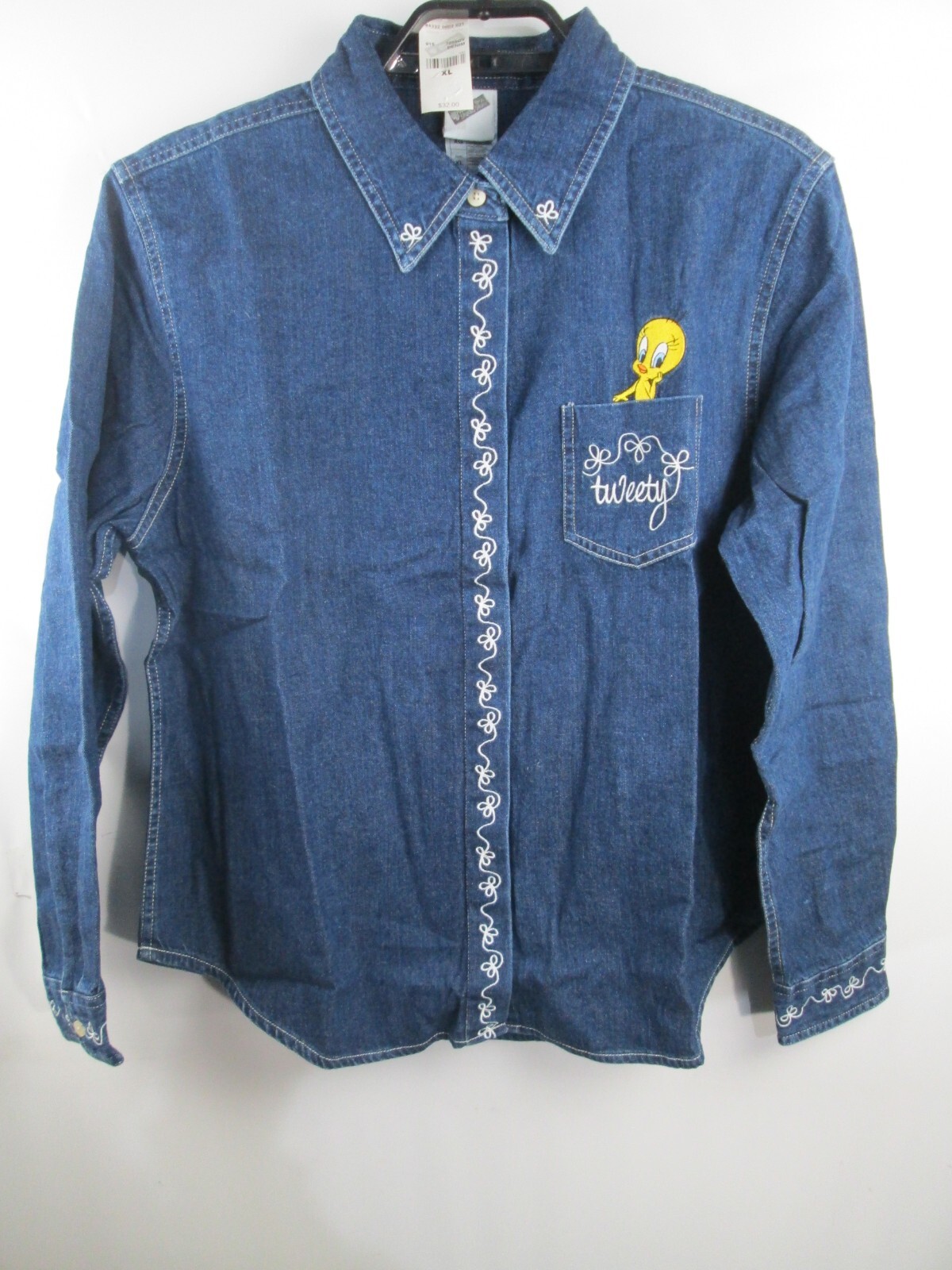 VTG Tweety Bird Blue Denim Shirt Women XL Button Warner Bros w/Socks NWT