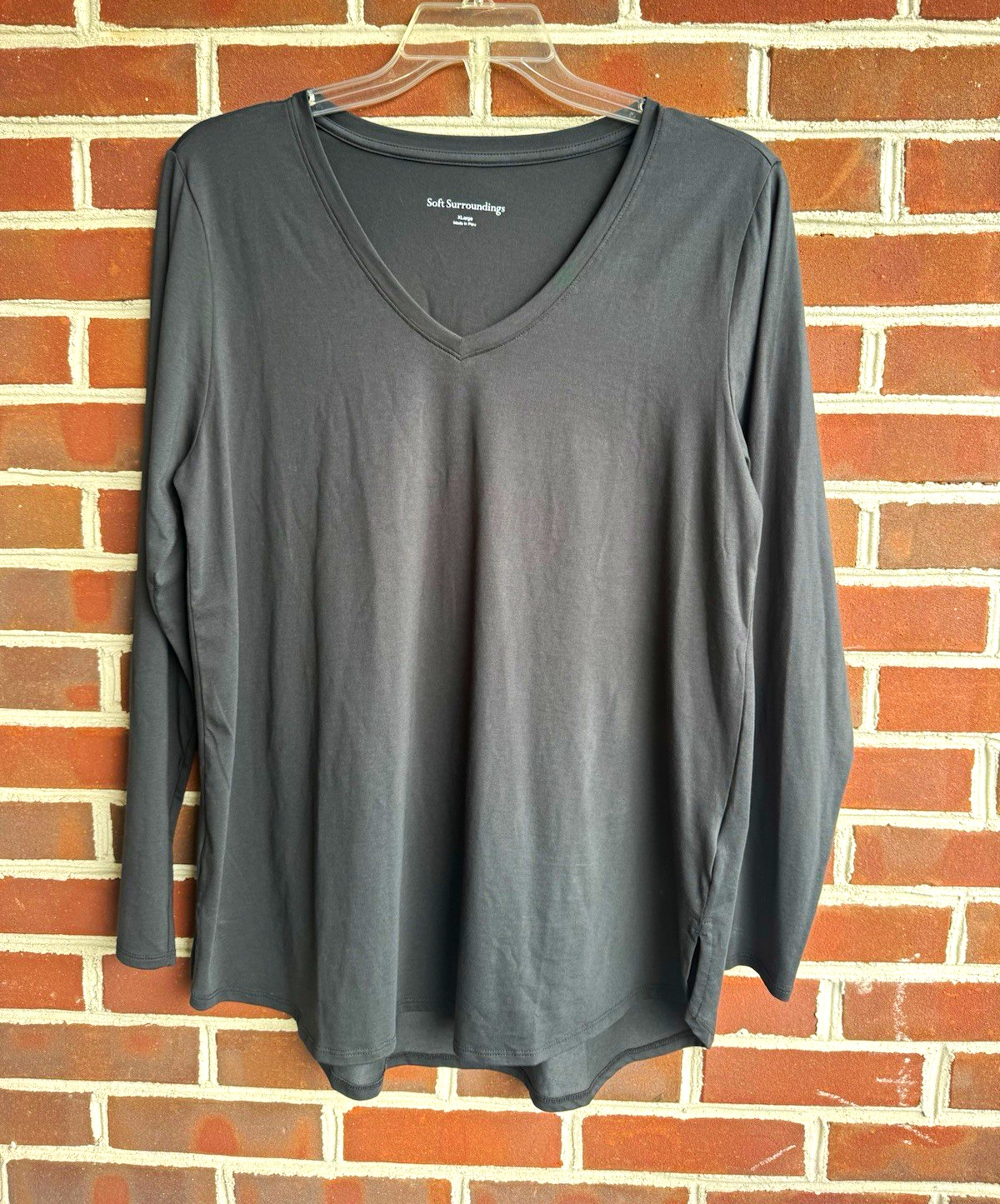 Soft Surroundings Women XL Gray Pima Cotton V-Neck Long Sleeve Knit Top