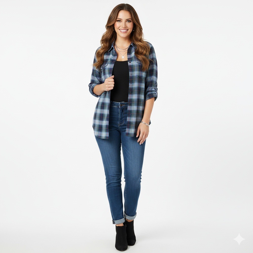 Eddie Bauer Shirt Womens XL Blue Black Button Up Plaid Outdoor Sports Shirt